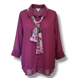 Dressbarn Women’s Plus Size Plum Purple Button-Down Blouse with Attached Scarf